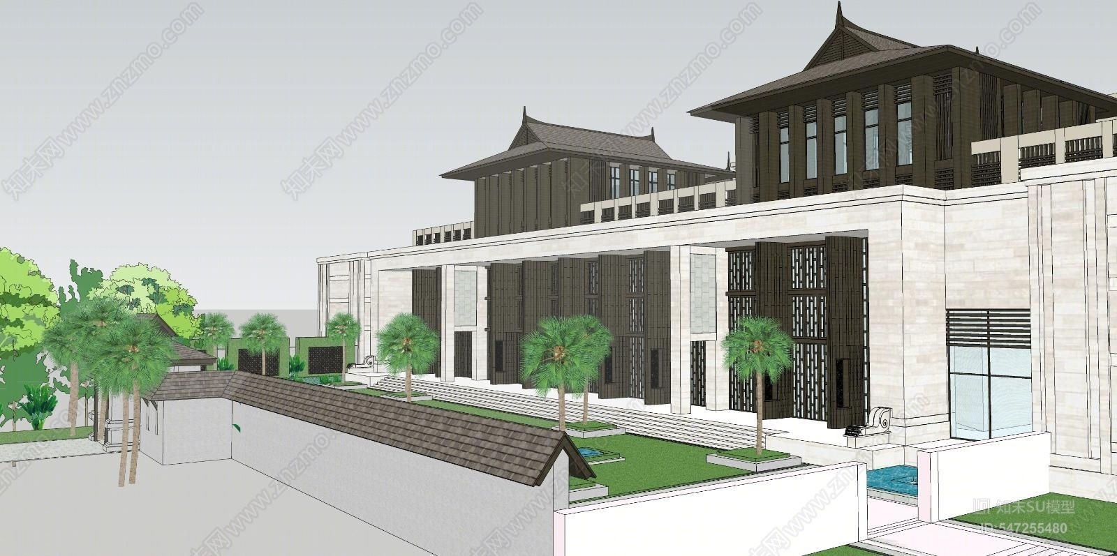 东南亚酒店宴会厅停车场大门SU模型下载【ID:547255480】