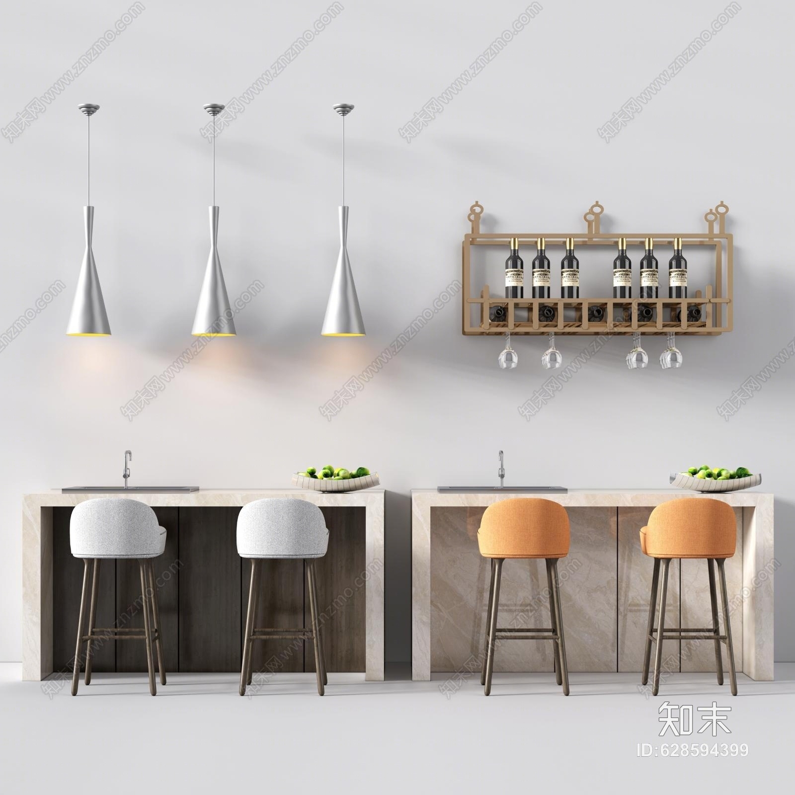 现代吧台吧椅酒架吊灯北欧吧台椅3D模型下载【ID:628594399】