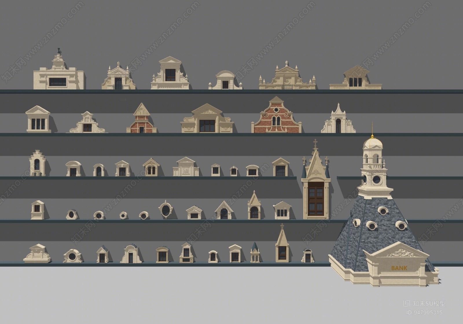 欧式窗雕花构件组合SU模型下载【ID:947905315】