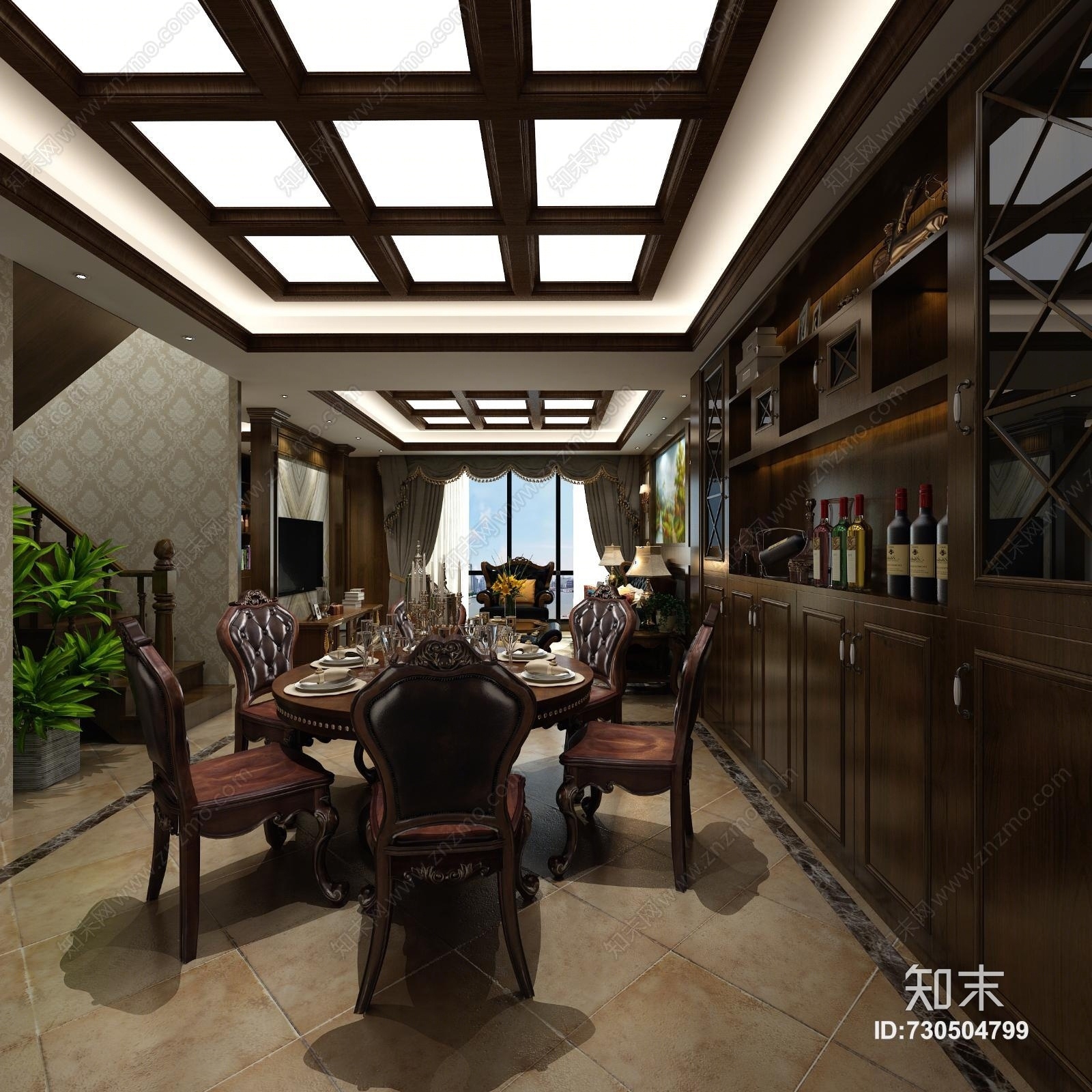 美式餐厅酒柜餐桌3D模型下载【ID:730504799】