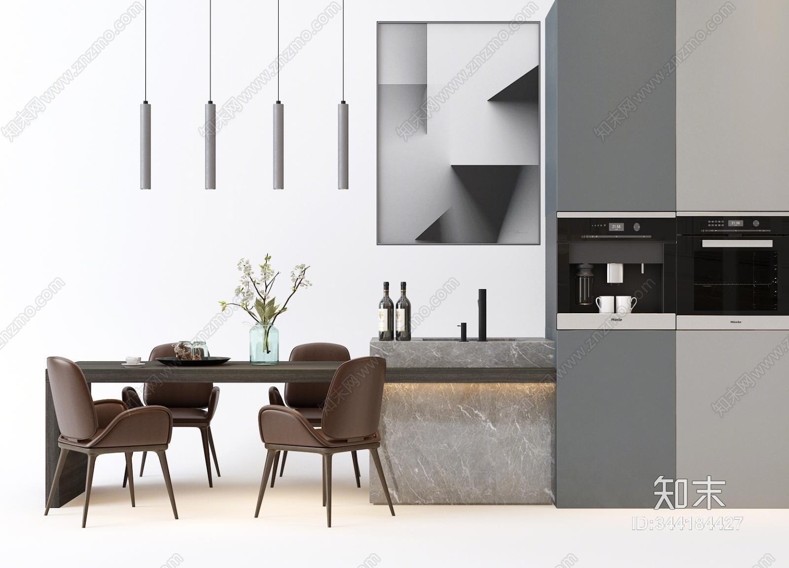 北欧餐椅吧台吊灯组合3D模型下载【ID:344184427】