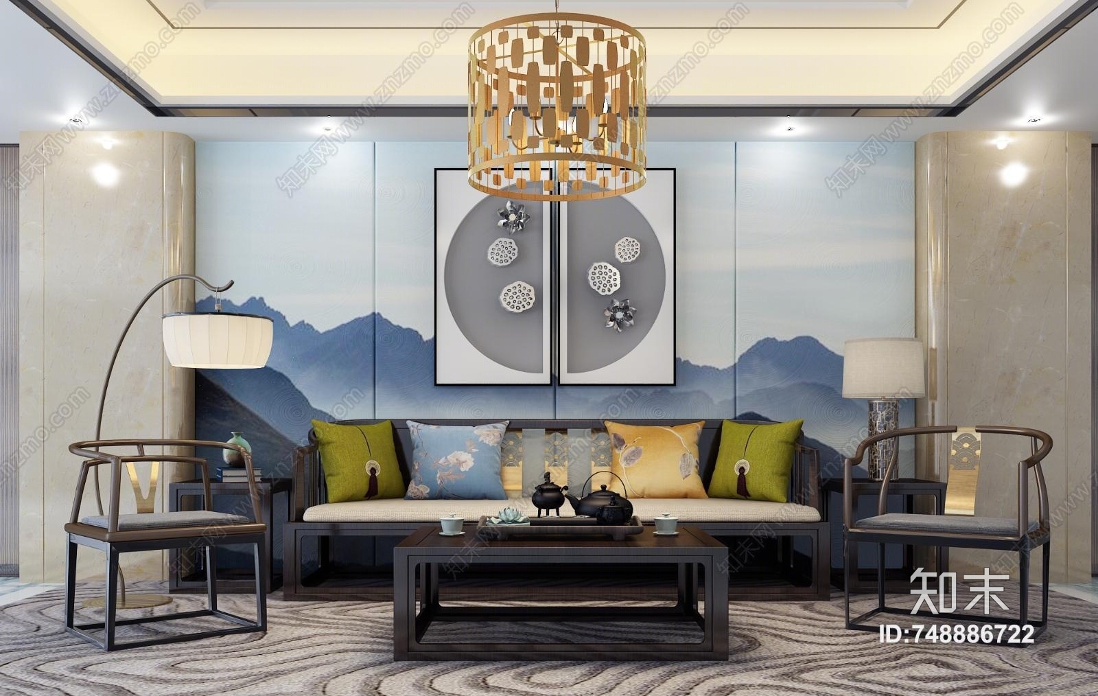 新中式客厅沙发茶几组合3D模型下载【ID:748886722】
