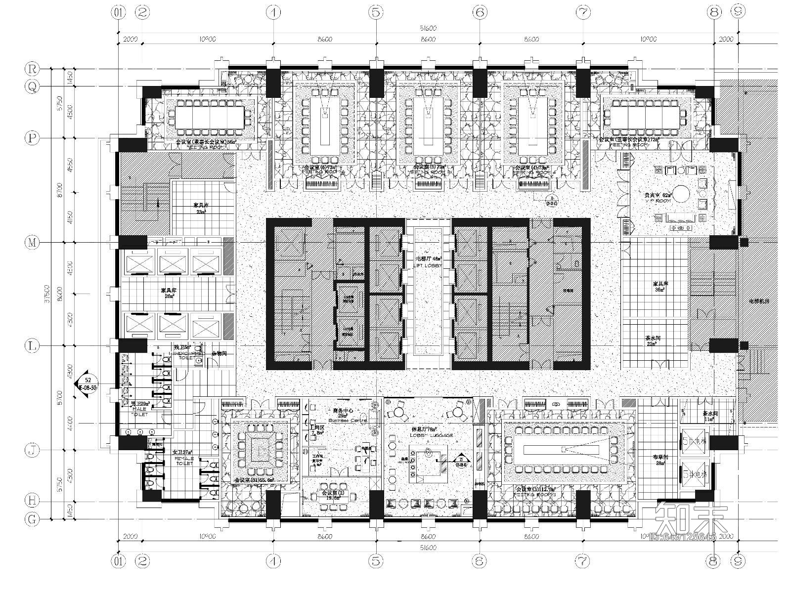 酒店会议层办公区域平面施工图cad施工图下载【ID:649125645】