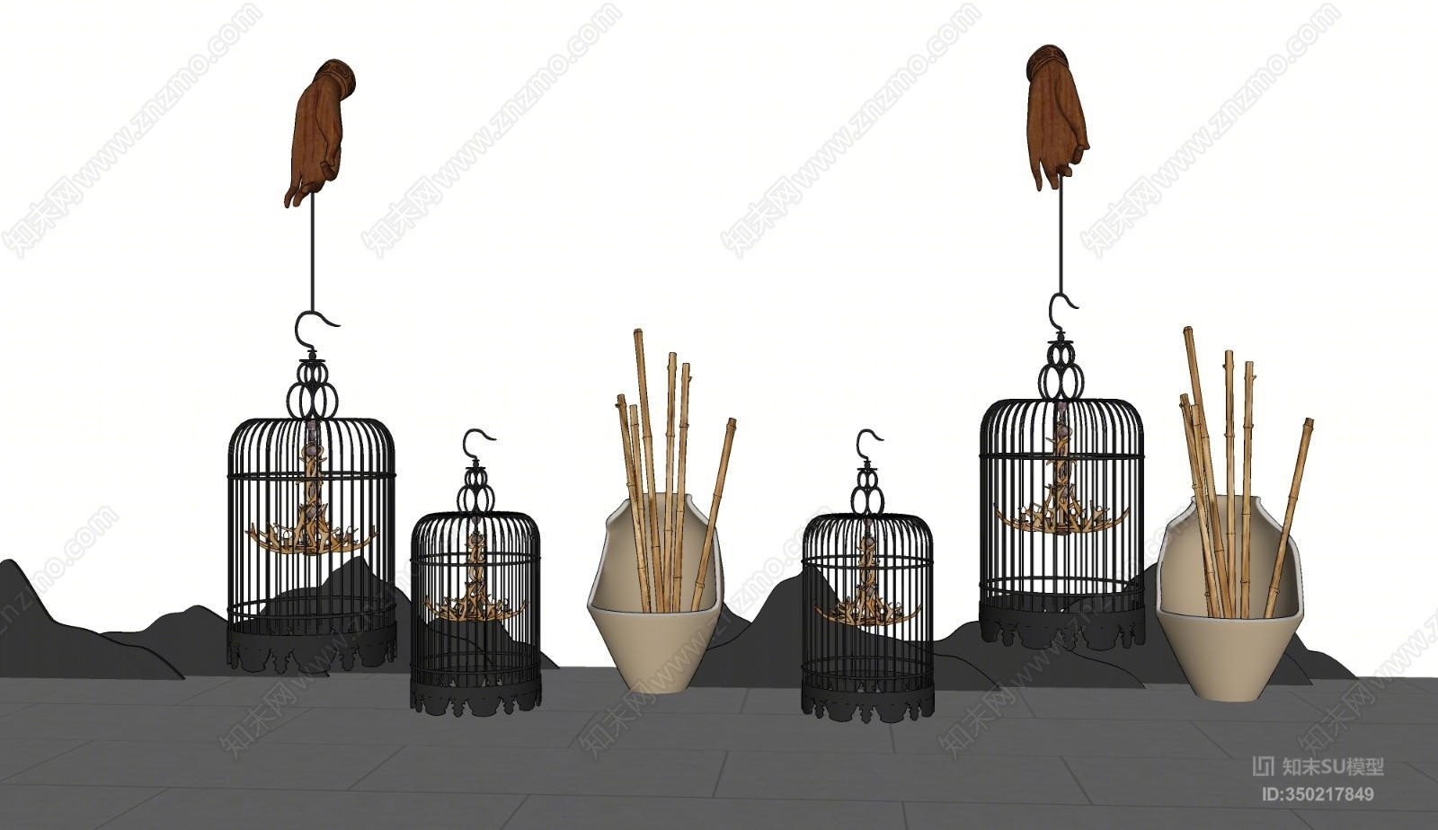 新中式鸟笼灯具摆件组合SU模型下载【ID:350217849】