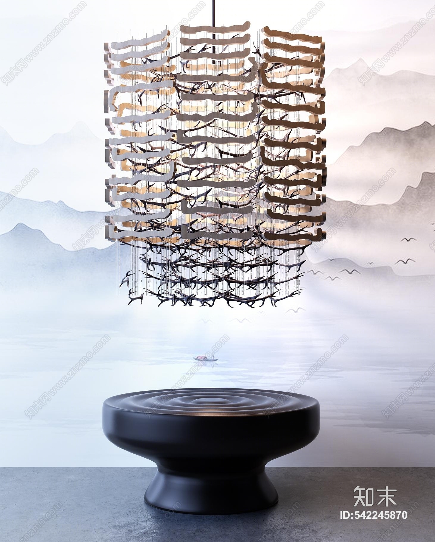 新中式大堂门厅玄关装饰吊灯吊饰组合3D模型下载【ID:542245870】