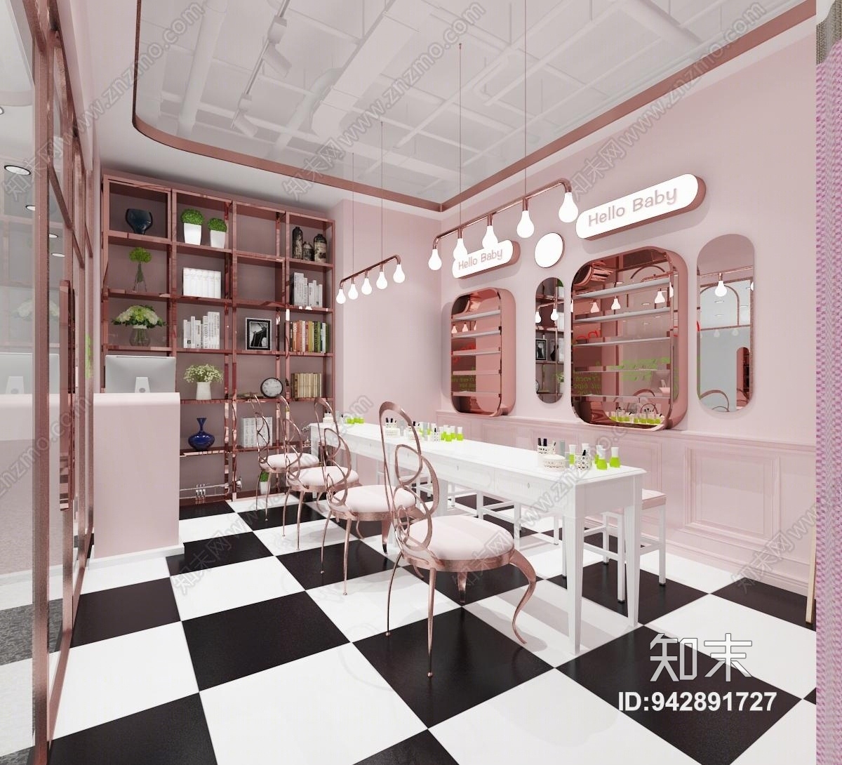 现代粉色轻奢美甲店3D模型下载【ID:942891727】