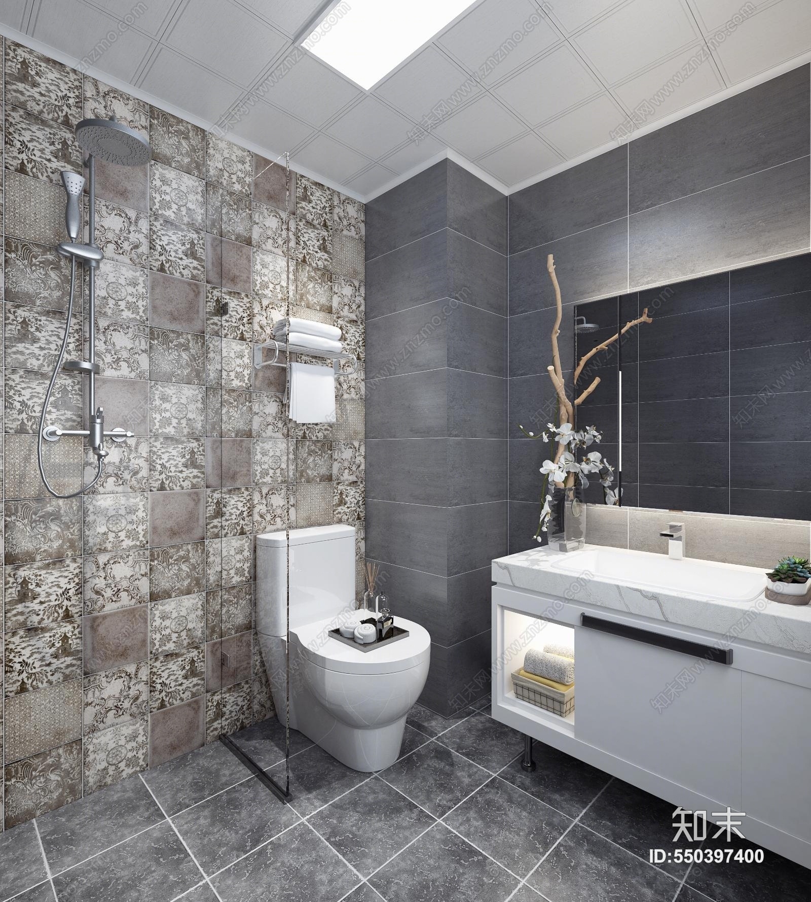 现代卫生间浴柜马桶墙砖3D模型下载【ID:550397400】