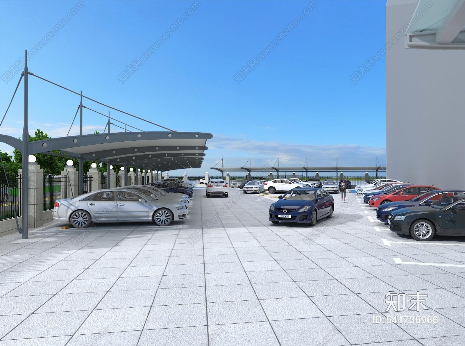 现代膜结构车棚停车场3D模型下载【ID:541735966】