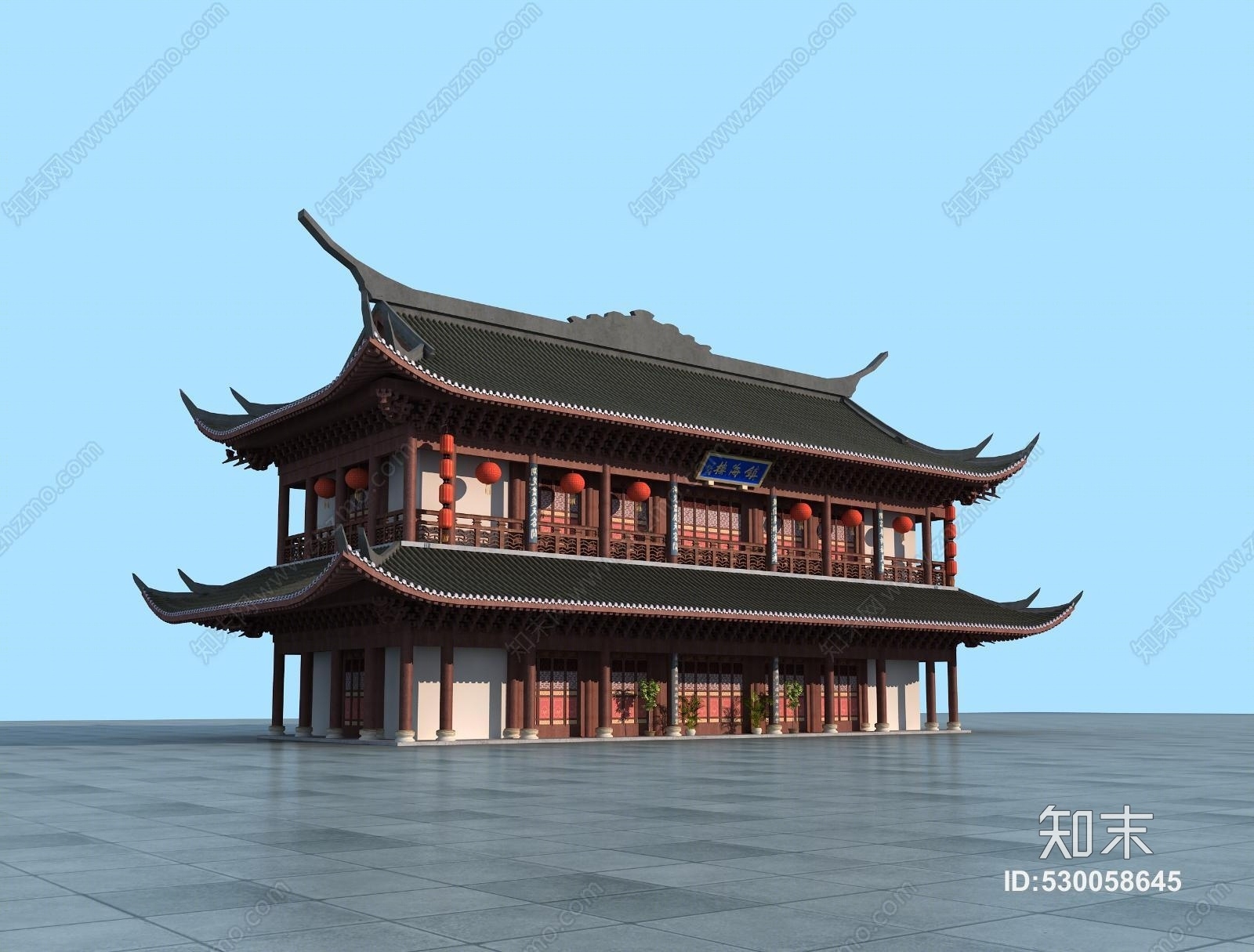 中式仿古建筑中式灯笼塔楼寺庙商业建筑3D模型下载【ID:530058645】