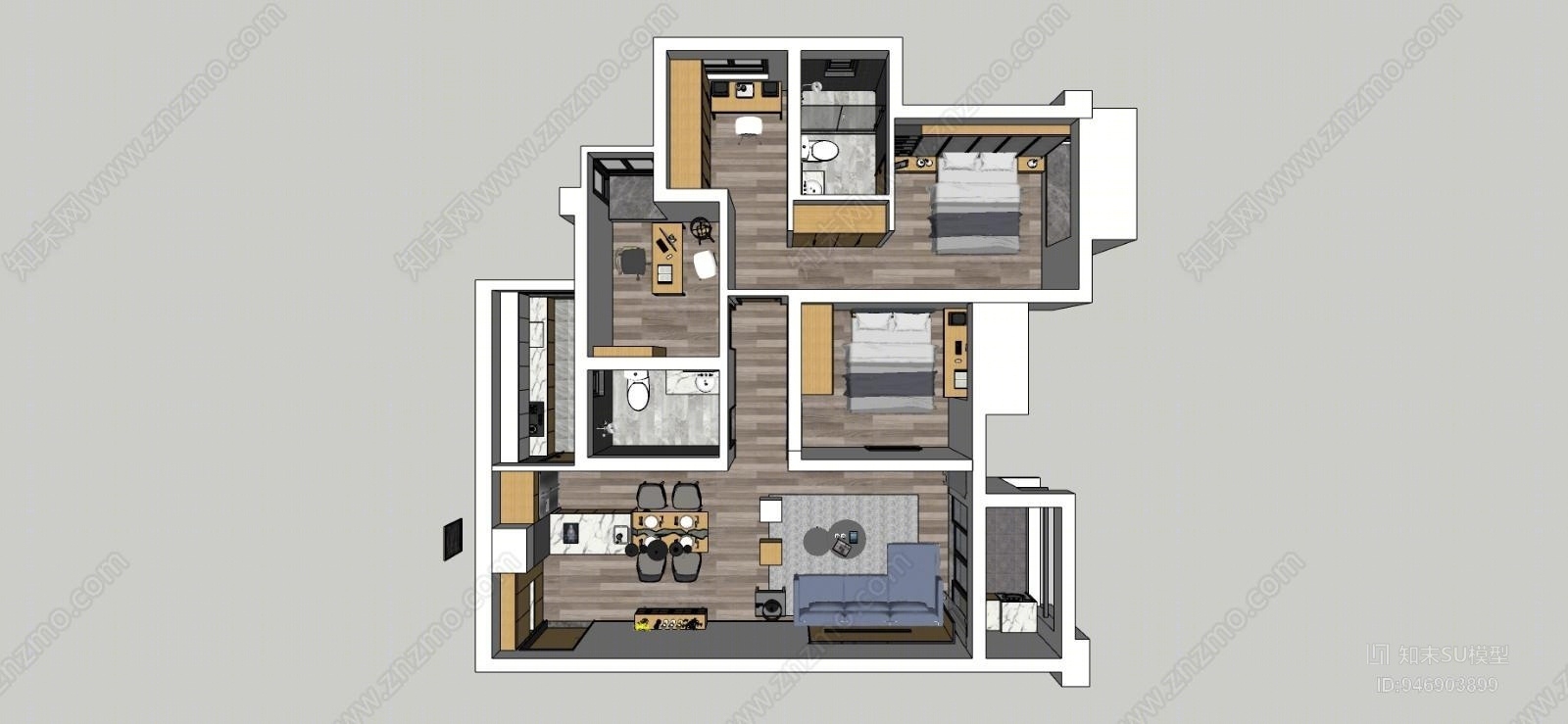 现代风格室内套房SU模型下载【ID:946903899】