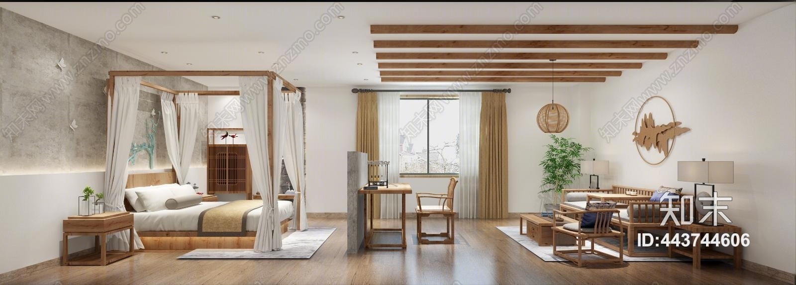 新中式简约风名宿客房3D模型下载【ID:443744606】