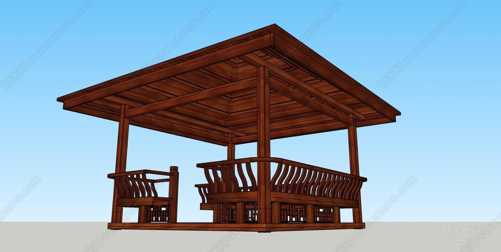 中式防腐木景观亭子SU模型下载【ID:444448886】