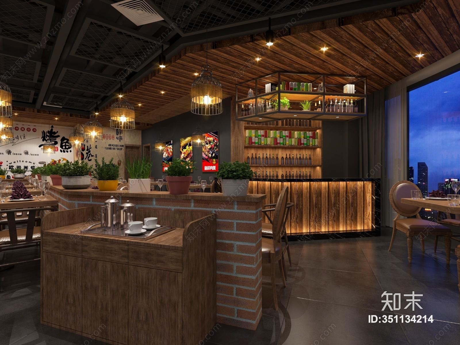 工业风烤鱼店吊灯吧台餐桌挂画墙绘盆景3D模型下载【ID:351134214】