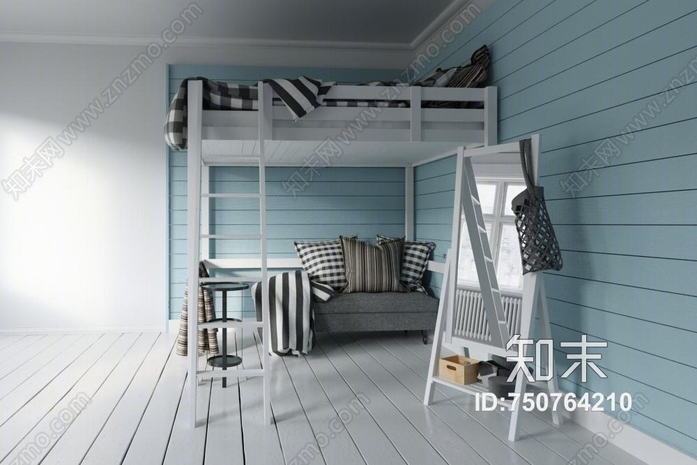 现代实木双层床3D模型下载【ID:750764210】