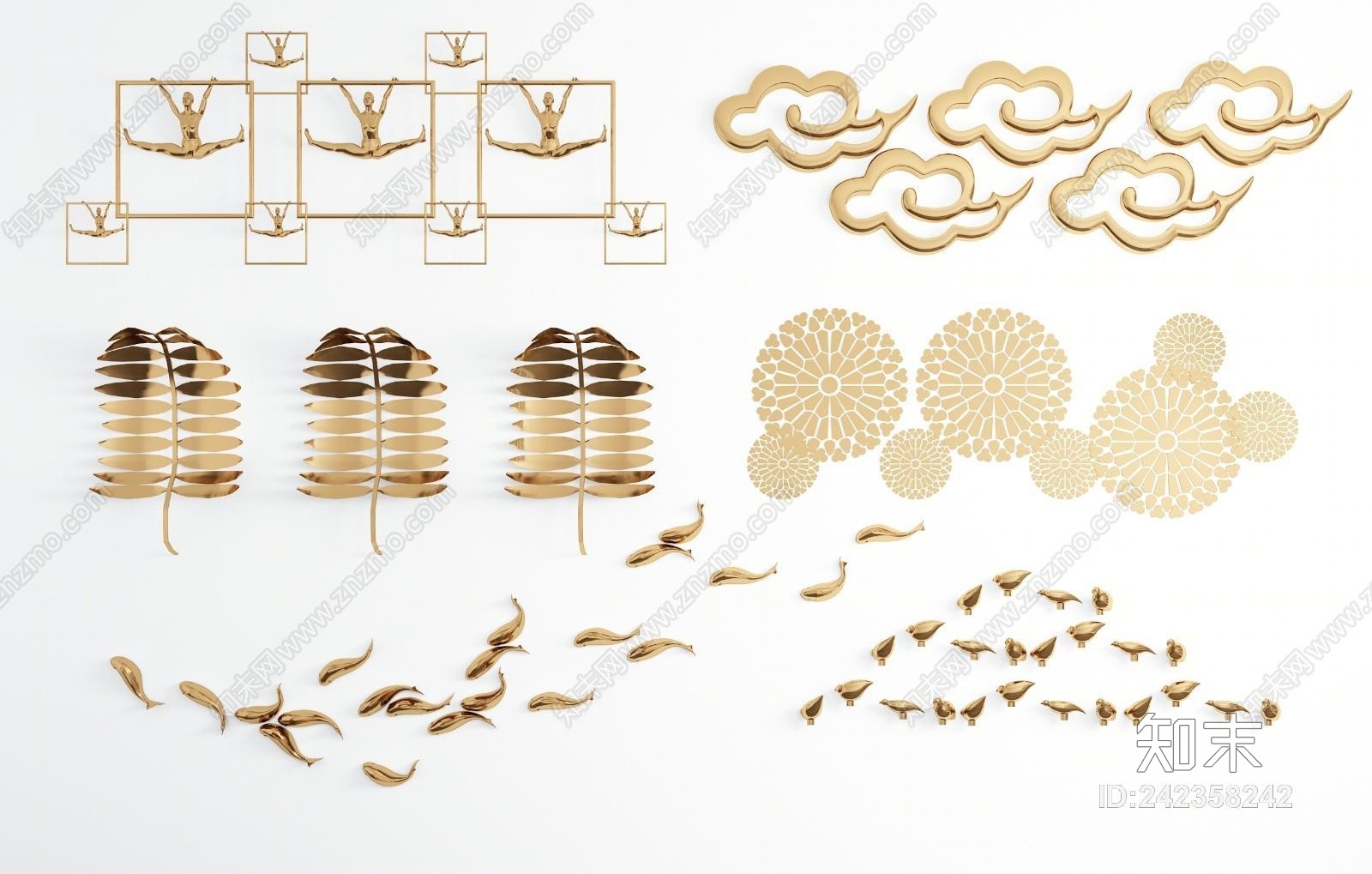 现代轻奢金属树叶鱼小鸟祥云墙饰3D模型下载【ID:242358242】