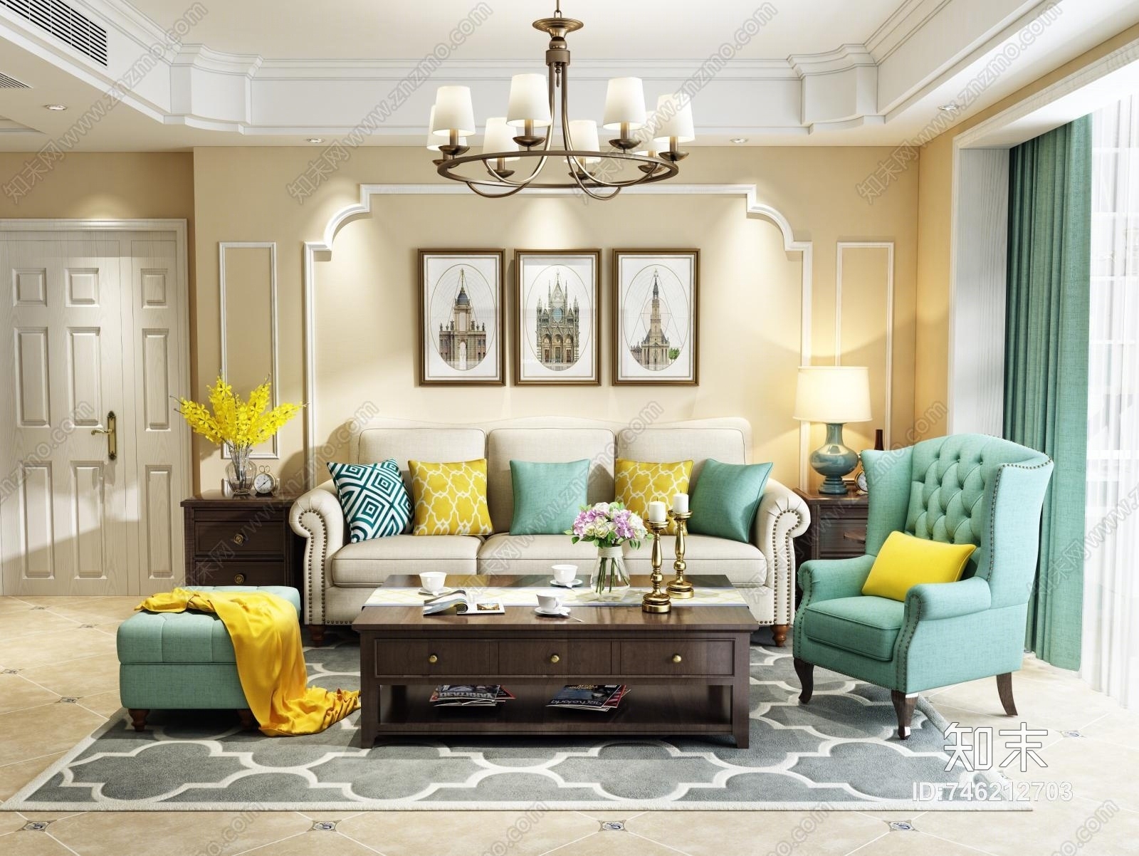 美式客餐厅沙发3D模型下载【ID:746212703】