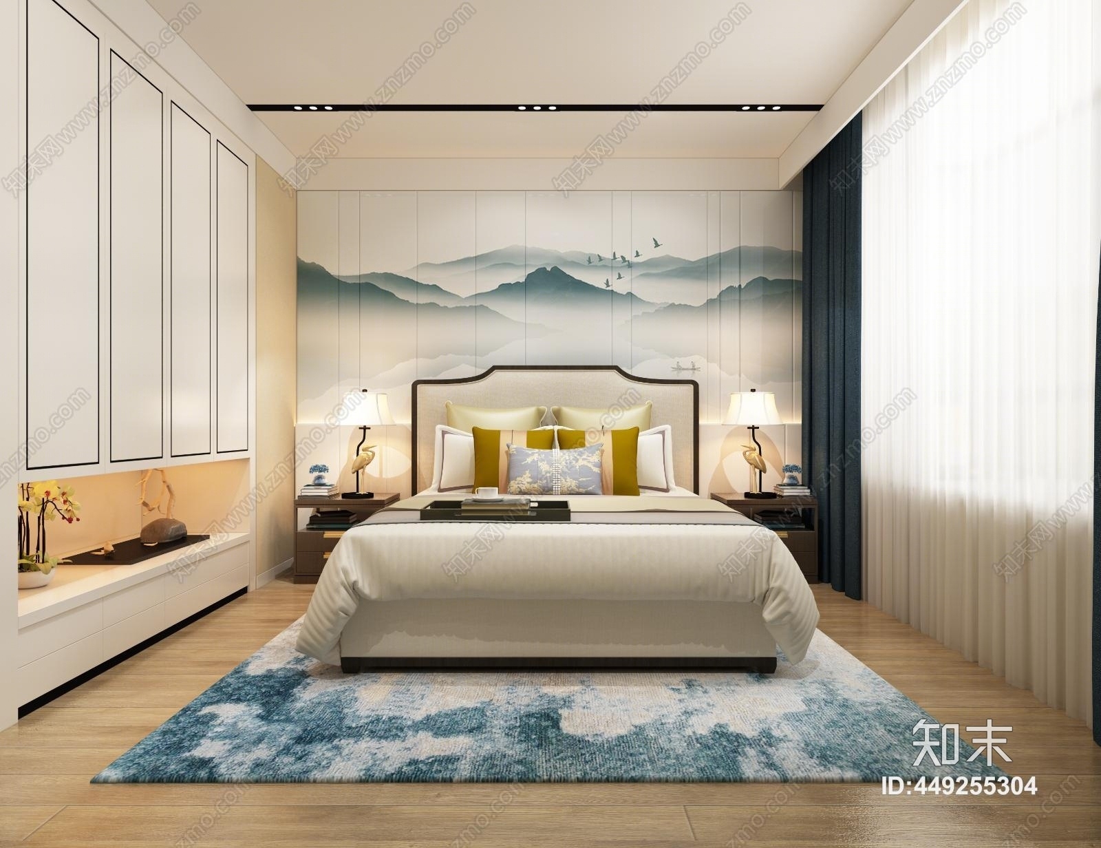 新中式现代风格卧室3D模型下载【ID:449255304】