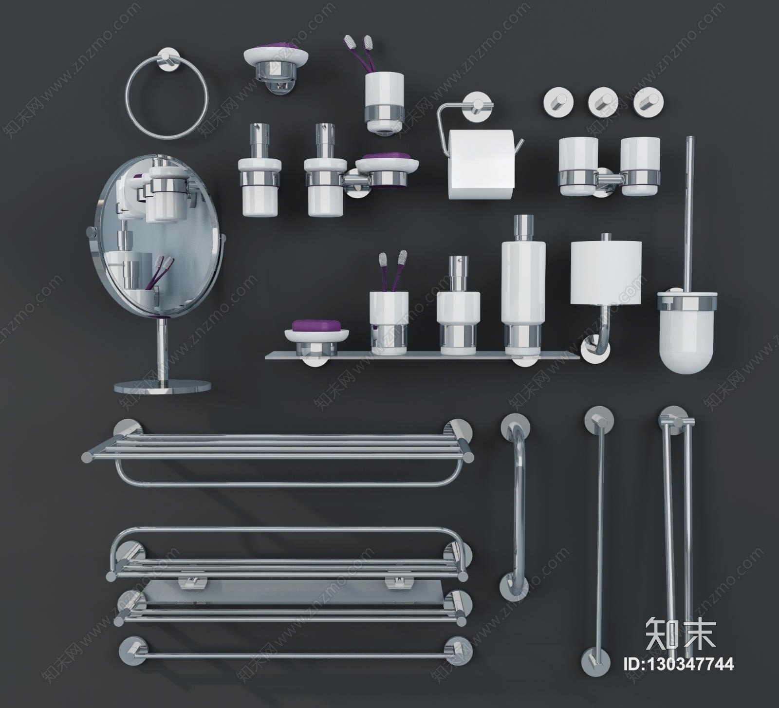 现代卫生间挂件镜子挂架3D模型下载【ID:130347744】