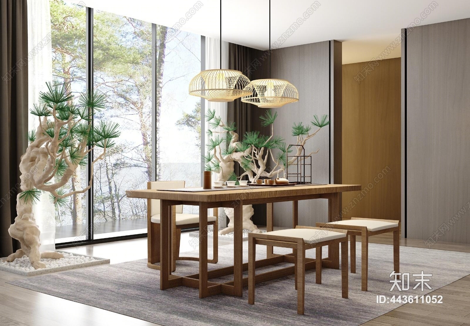 新中式禅意茶桌椅吊灯茶具饰品组合3D模型下载【ID:443611052】
