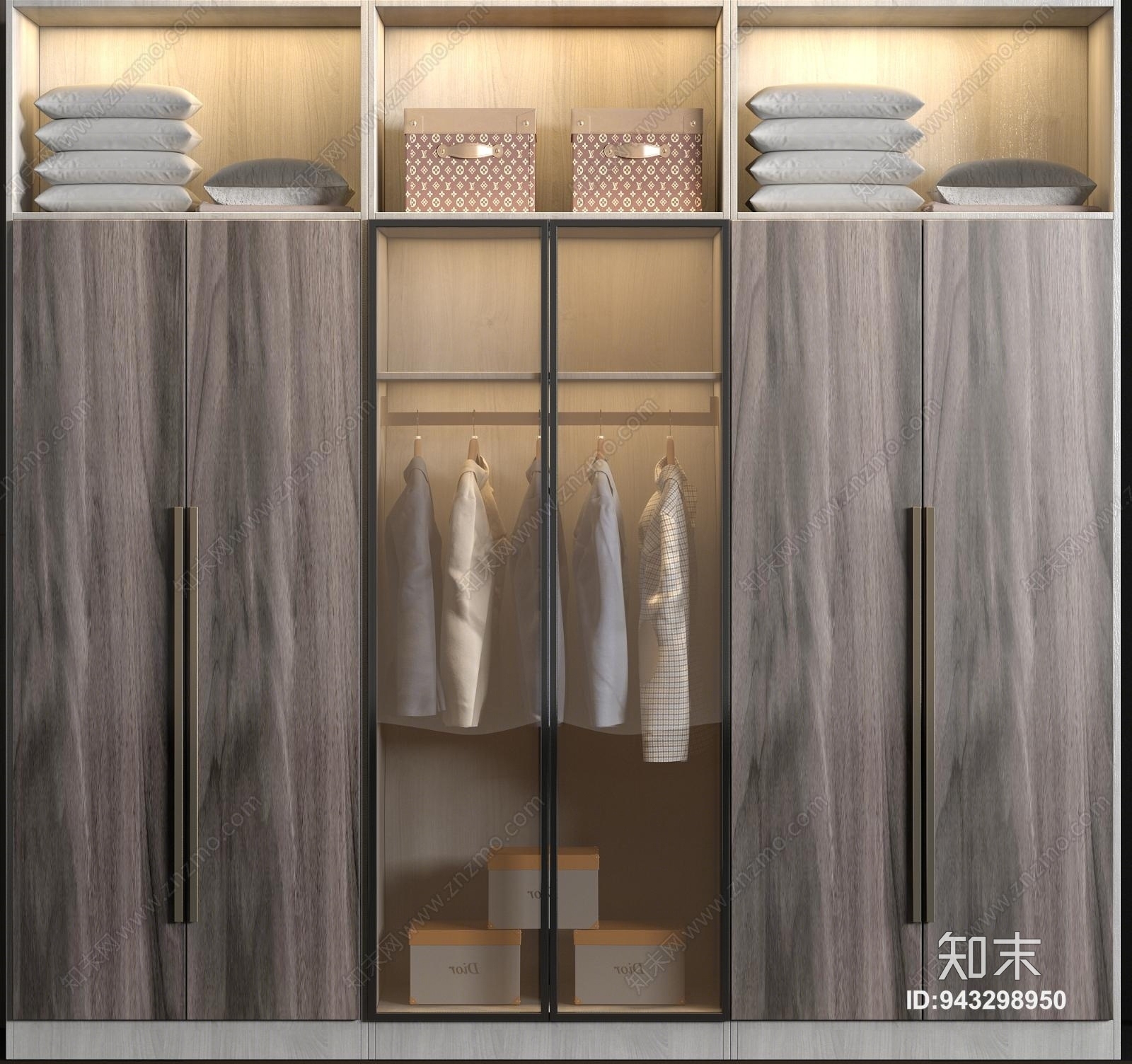 现代实木衣帽间玻璃衣柜衣服饰品组合3D模型下载【ID:943298950】