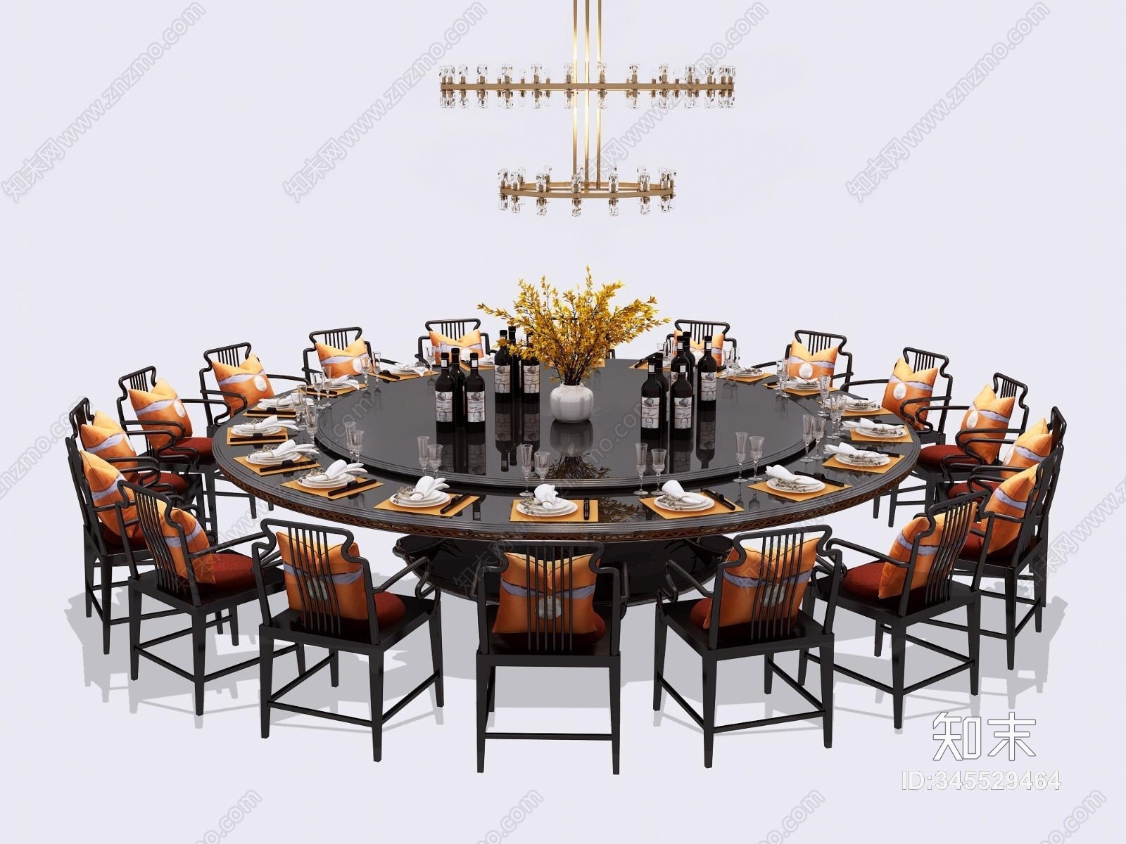新中式酒店餐桌椅组合3D模型下载【ID:345529464】