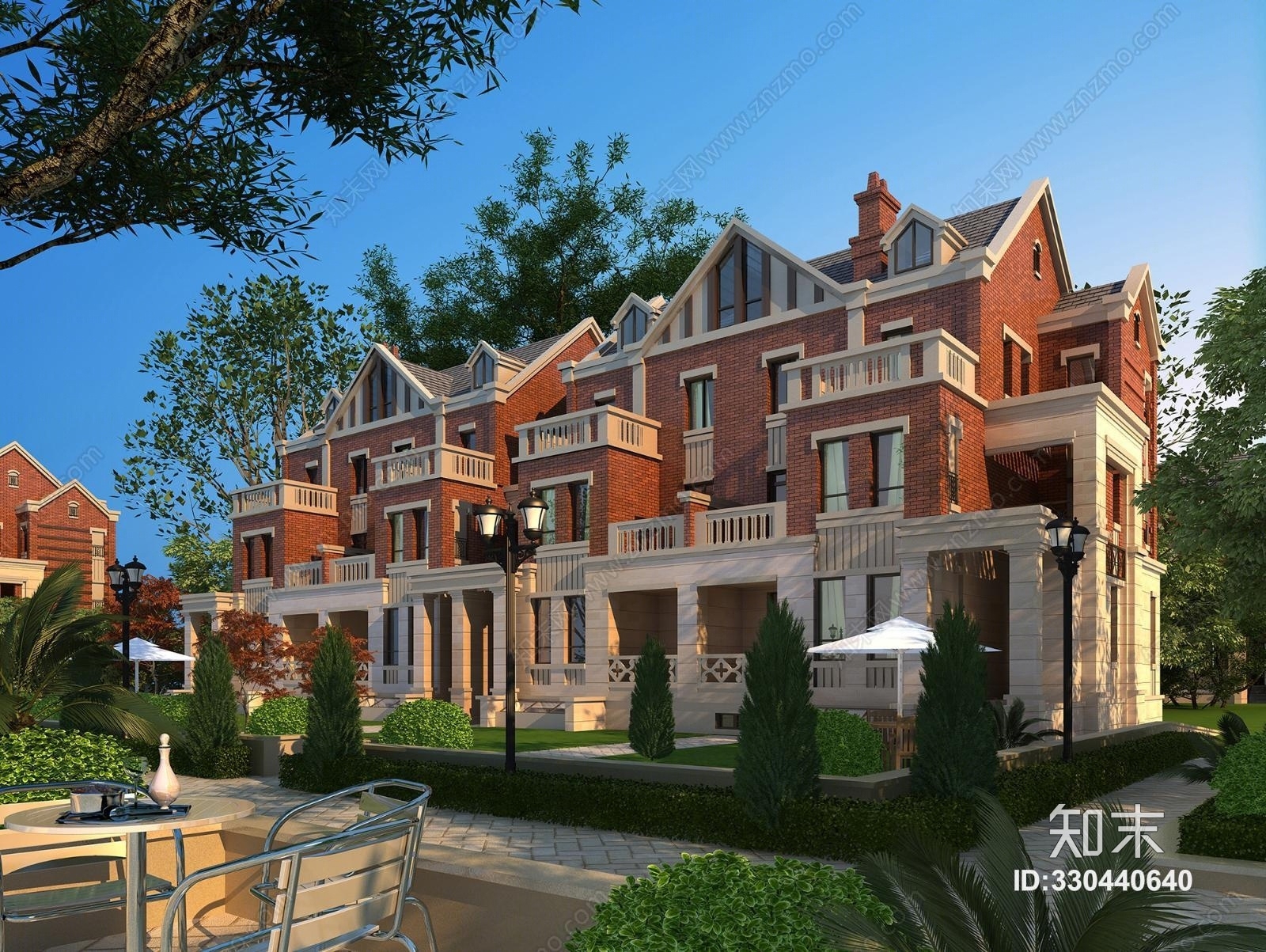 欧式古典欧式联排别墅外观模型3D模型下载【ID:330440640】
