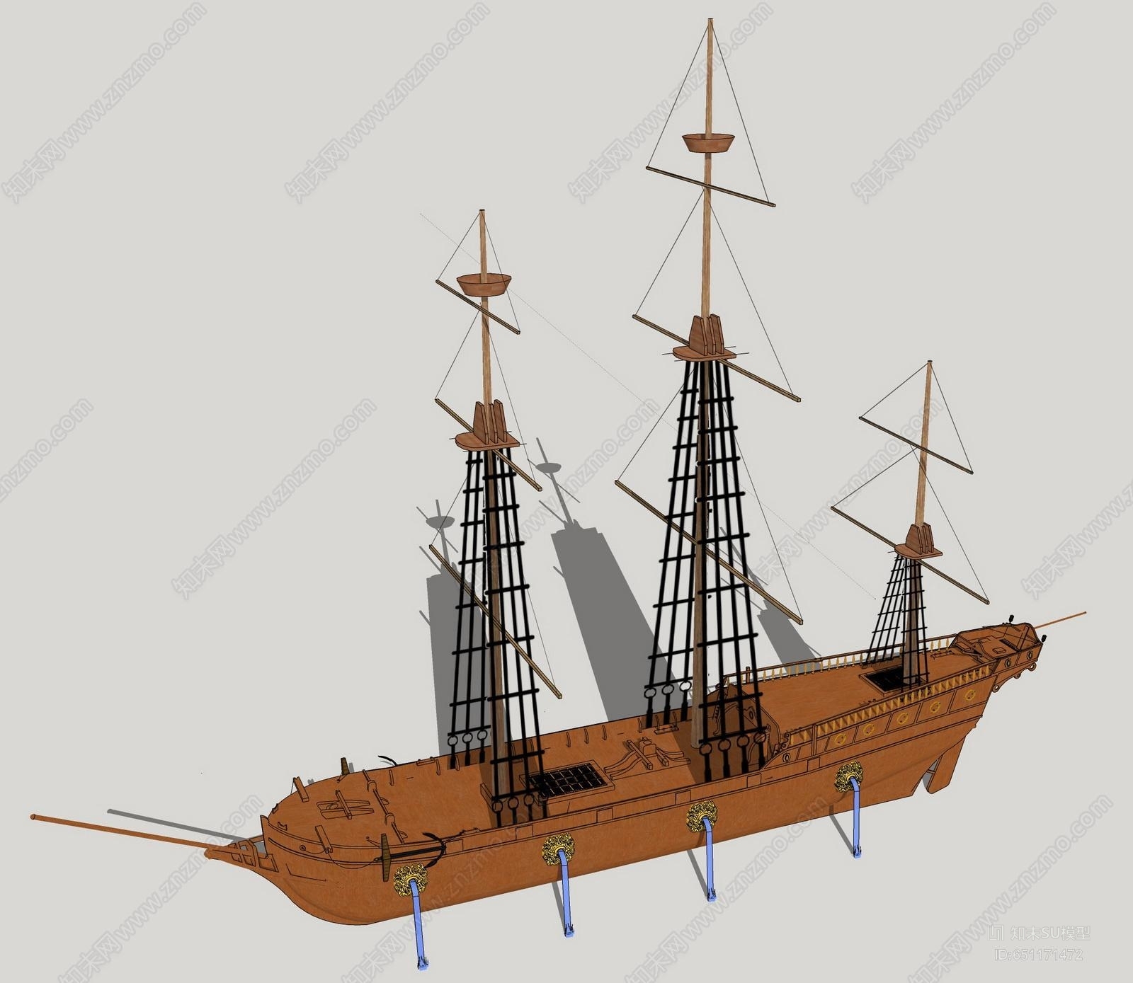中式风格古代船古代战船远洋帆船su模型 Id 知末su模型网