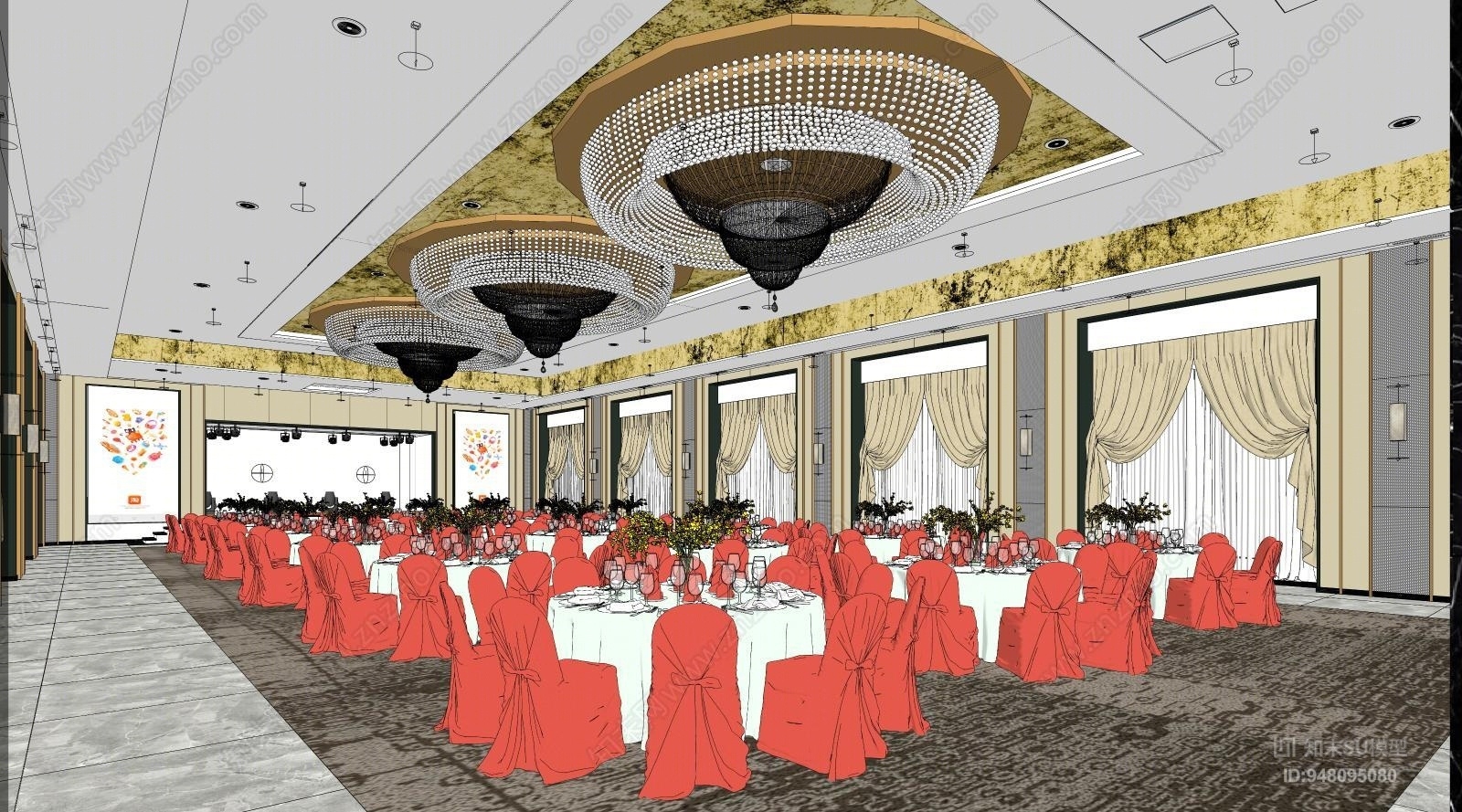 现代轻奢五星级酒店宴会厅SU模型下载【ID:948095080】