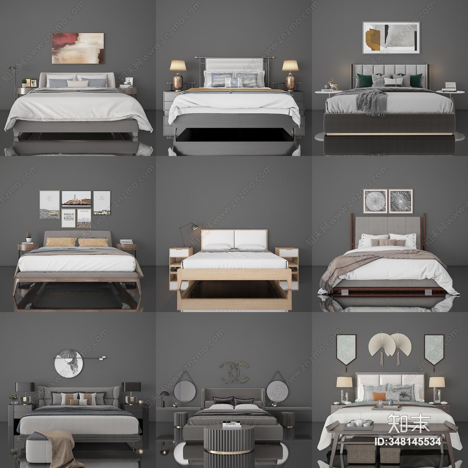现代床具组合3D模型下载【ID:348145534】