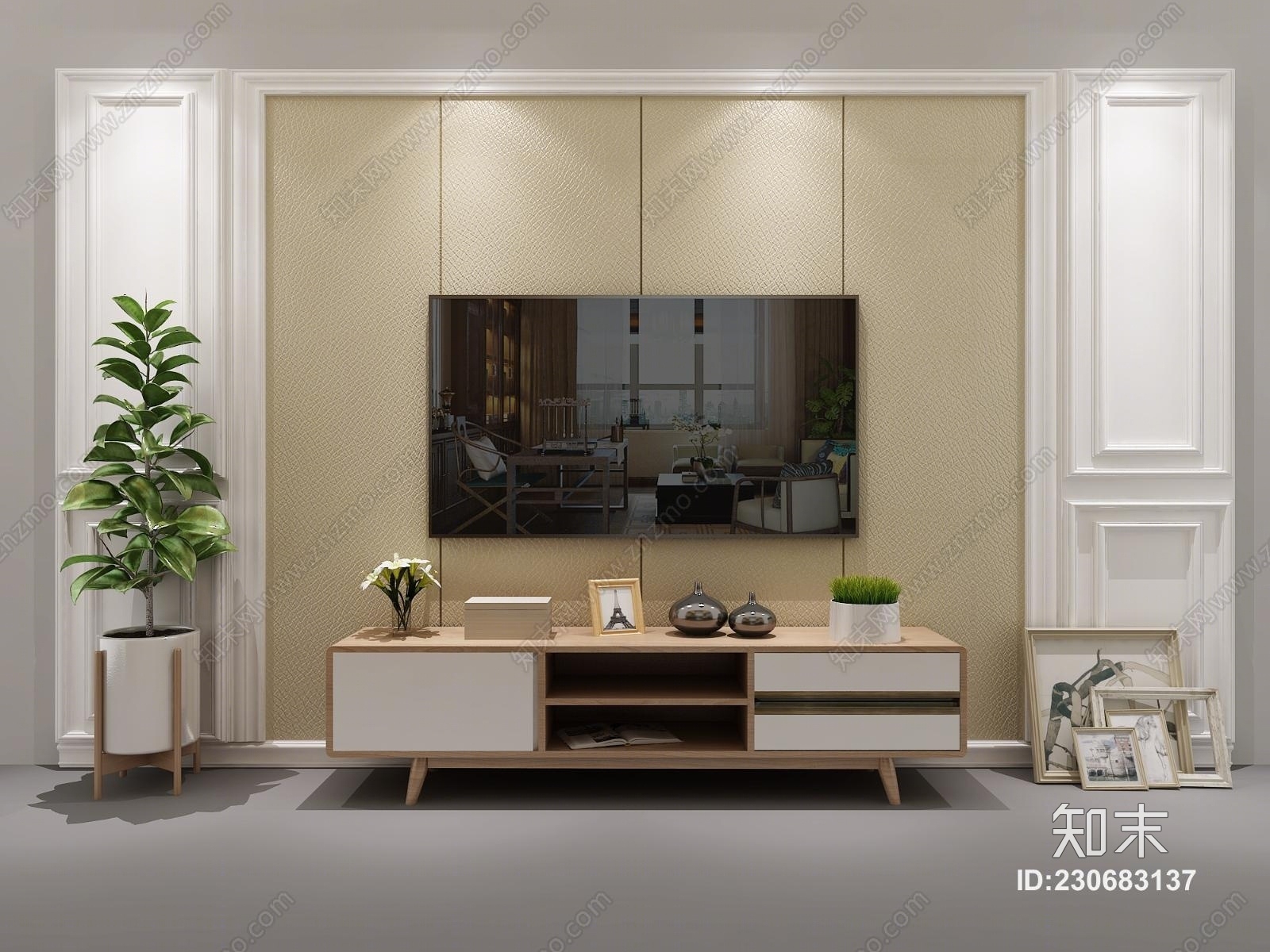 北欧软包电视墙3D模型下载【ID:230683137】