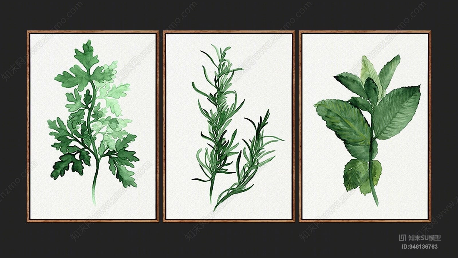 现代手绘绿色植物装饰画SU模型下载【ID:946136763】