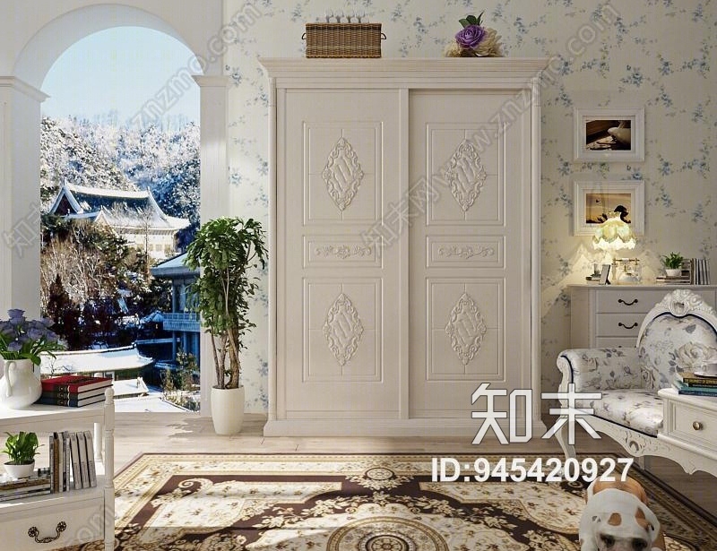 欧式简约移门衣柜3D模型下载【ID:945420927】