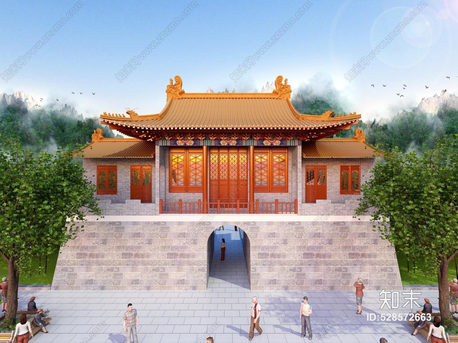 中式外景古建筑门楼3D模型下载【ID:528572663】