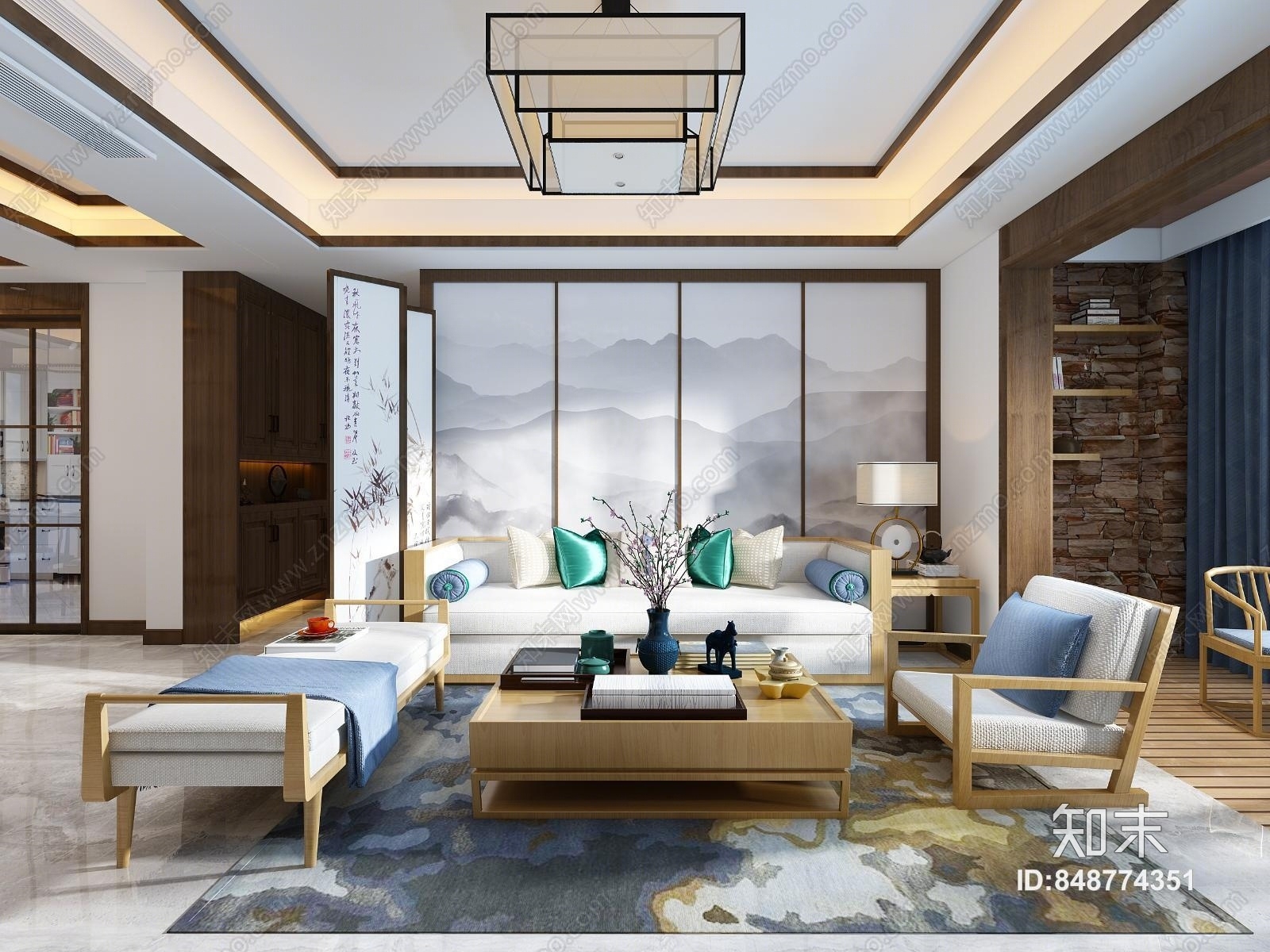 中式客餐厅沙发椅子衣柜吊灯书房茶桌松树麻将桌3D模型下载【ID:848774351】