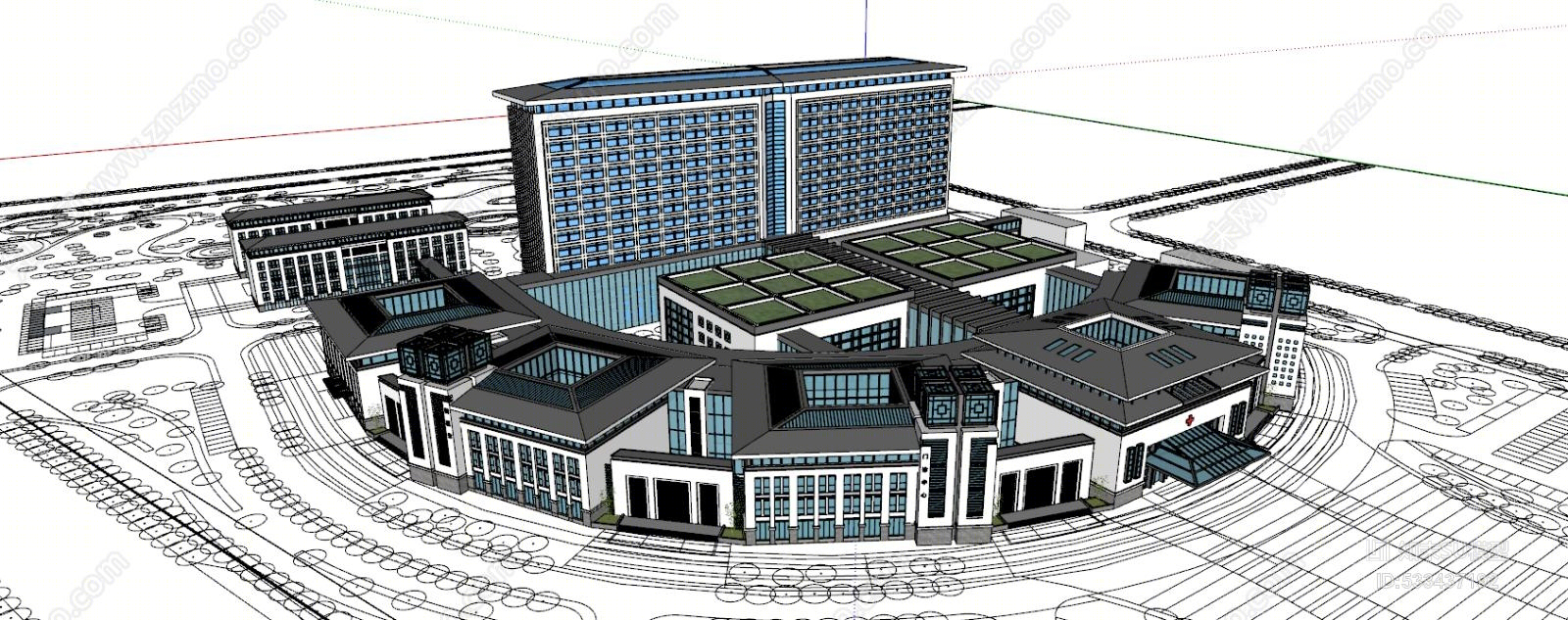现代中式大型医院SU模型下载【ID:533437192】