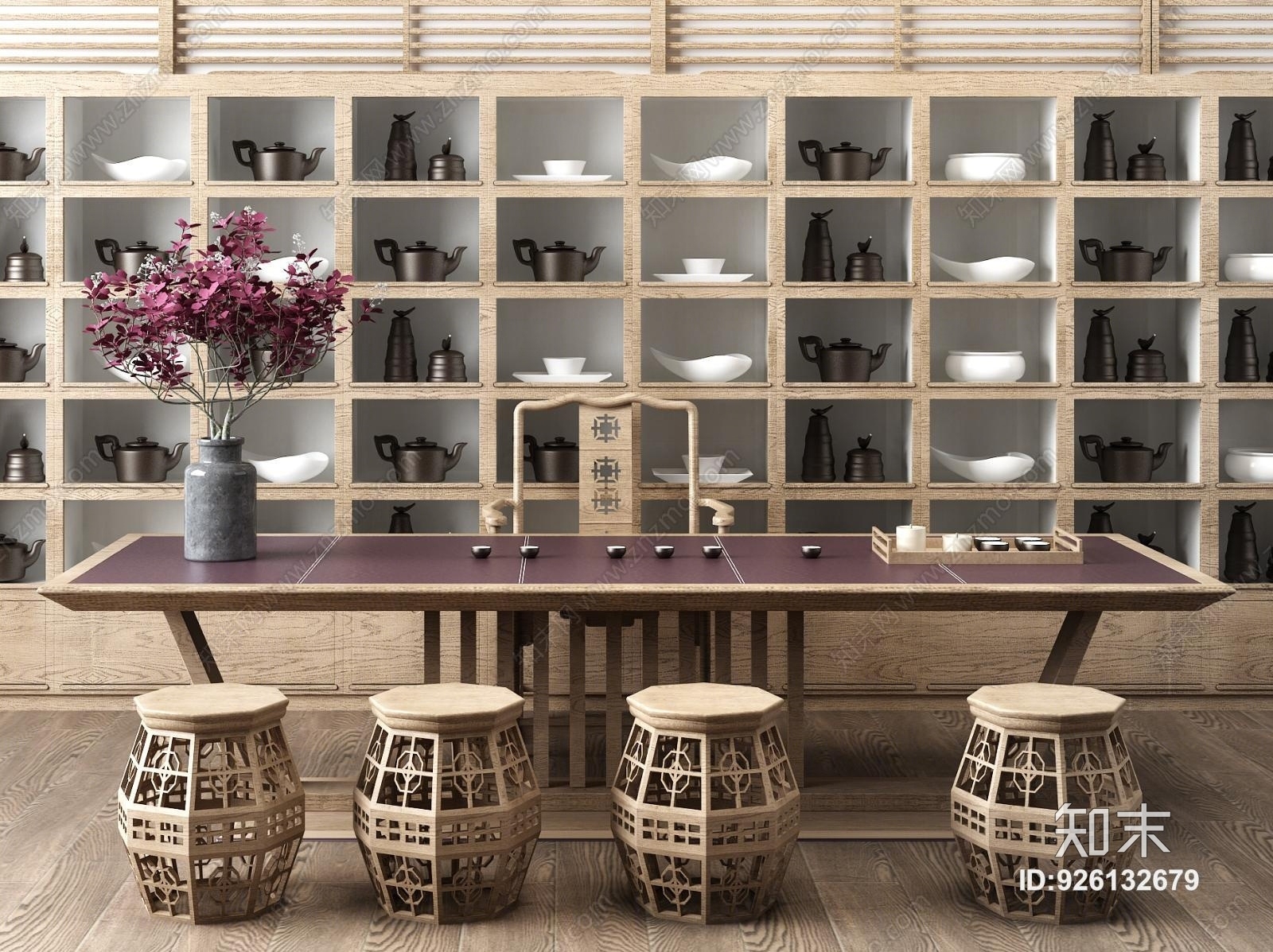 新中式茶桌椅鼓登茶具组合3D模型下载【ID:926132679】