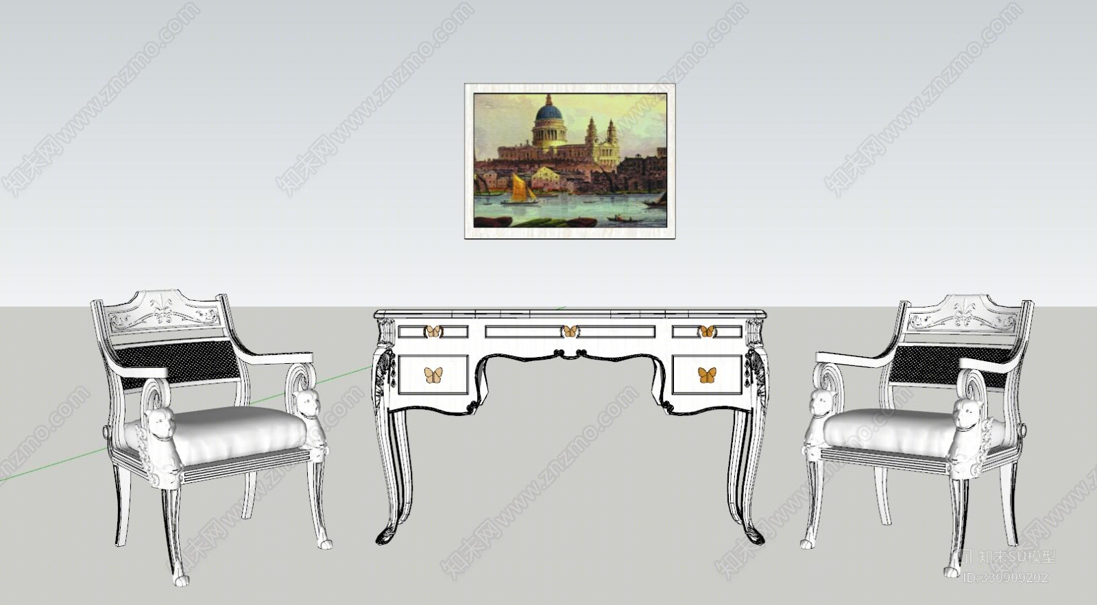欧式玄关桌休闲椅梳妆台挂画下载马车SU模型下载【ID:330909202】