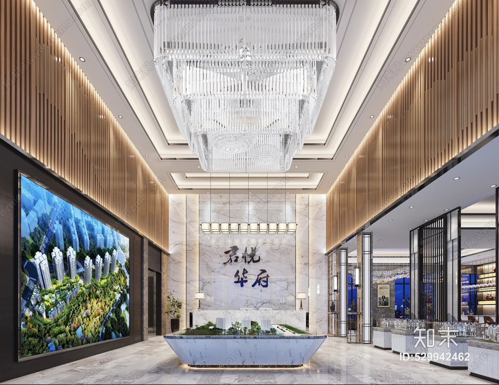新中式售楼部大堂展示区前台休息区楼盘3D模型下载【ID:529942462】