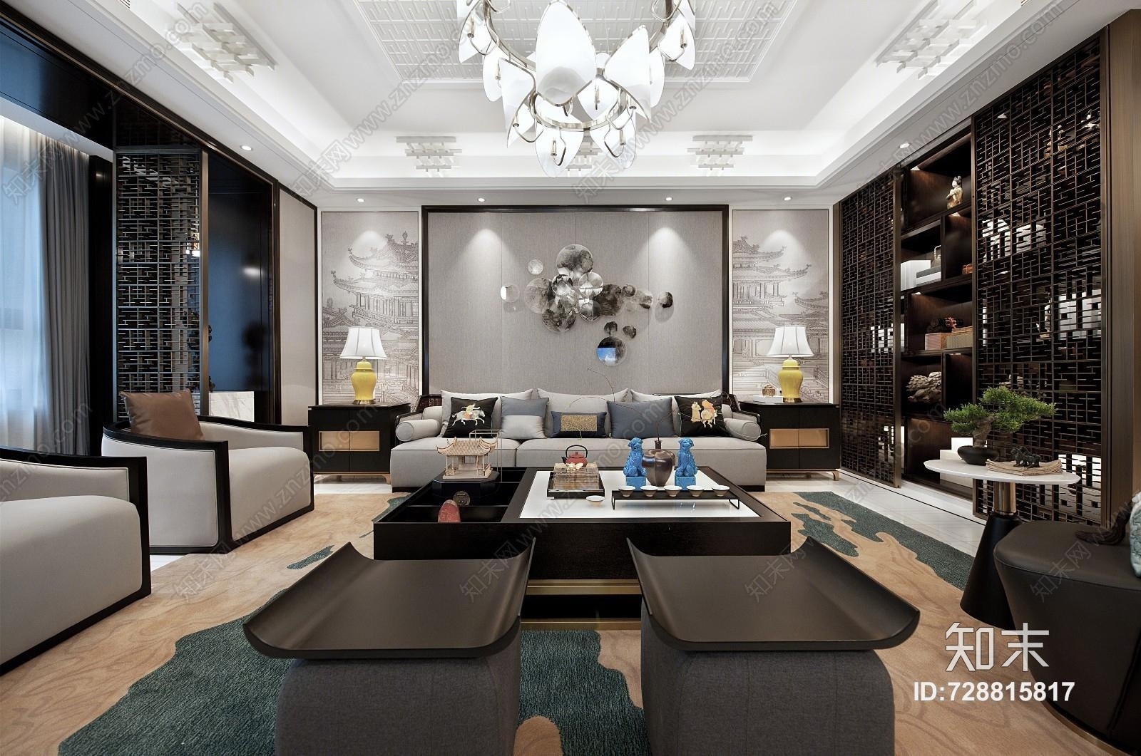 新中式客厅模型3D模型下载【ID:728815817】