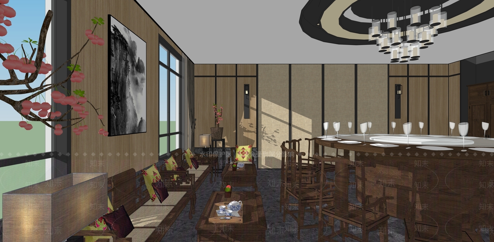 新中式会所餐厅SU模型下载【ID:735100669】