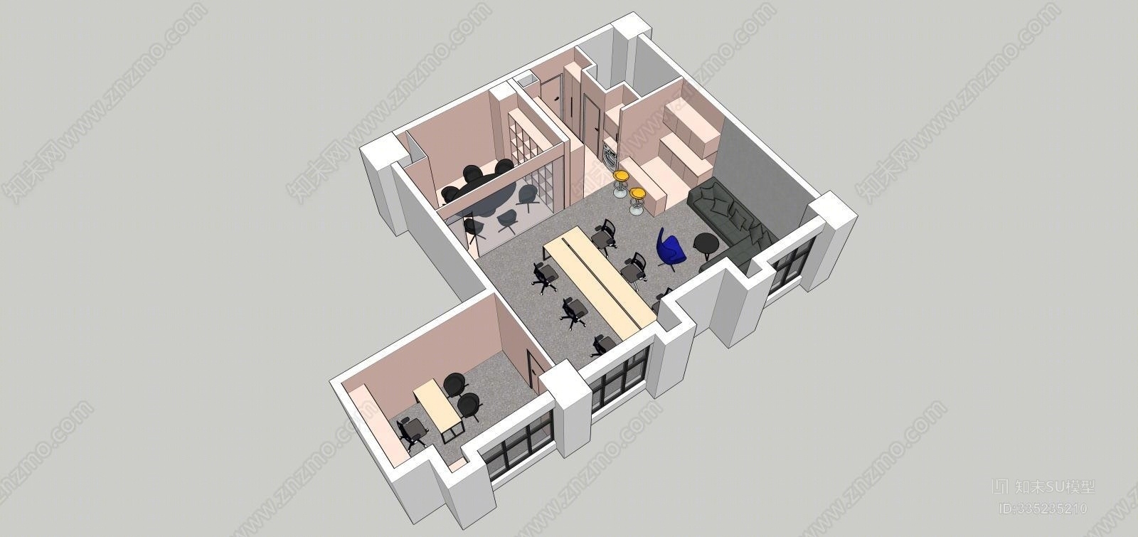 LOFT小型办公公司办公空间公寓办公办公家具SOHO办公SU模型下载【ID:335235210】