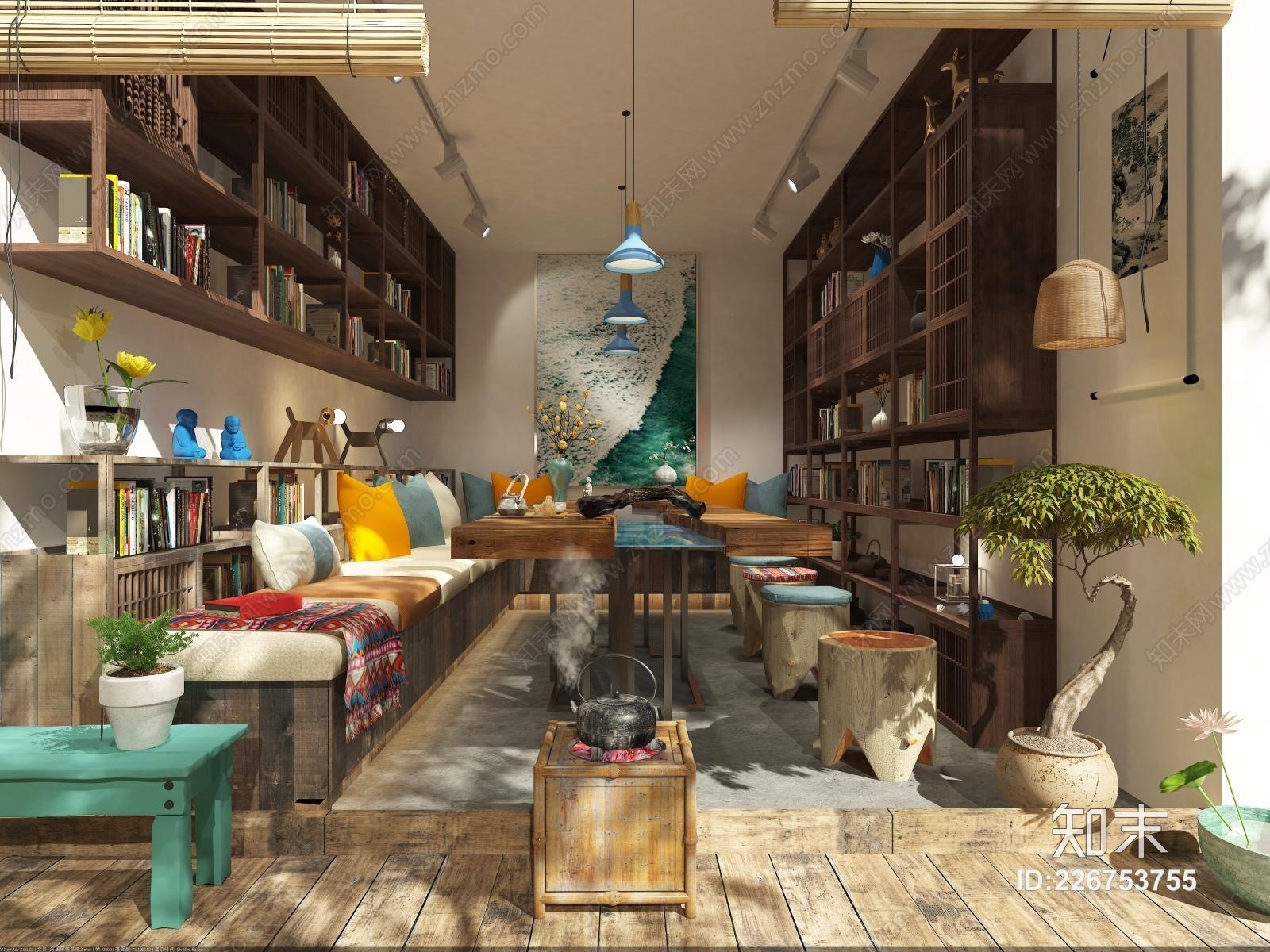 新中式纯朴民宿茶书吧休闲娱乐餐厅偷懒区3D模型下载【ID:226753755】
