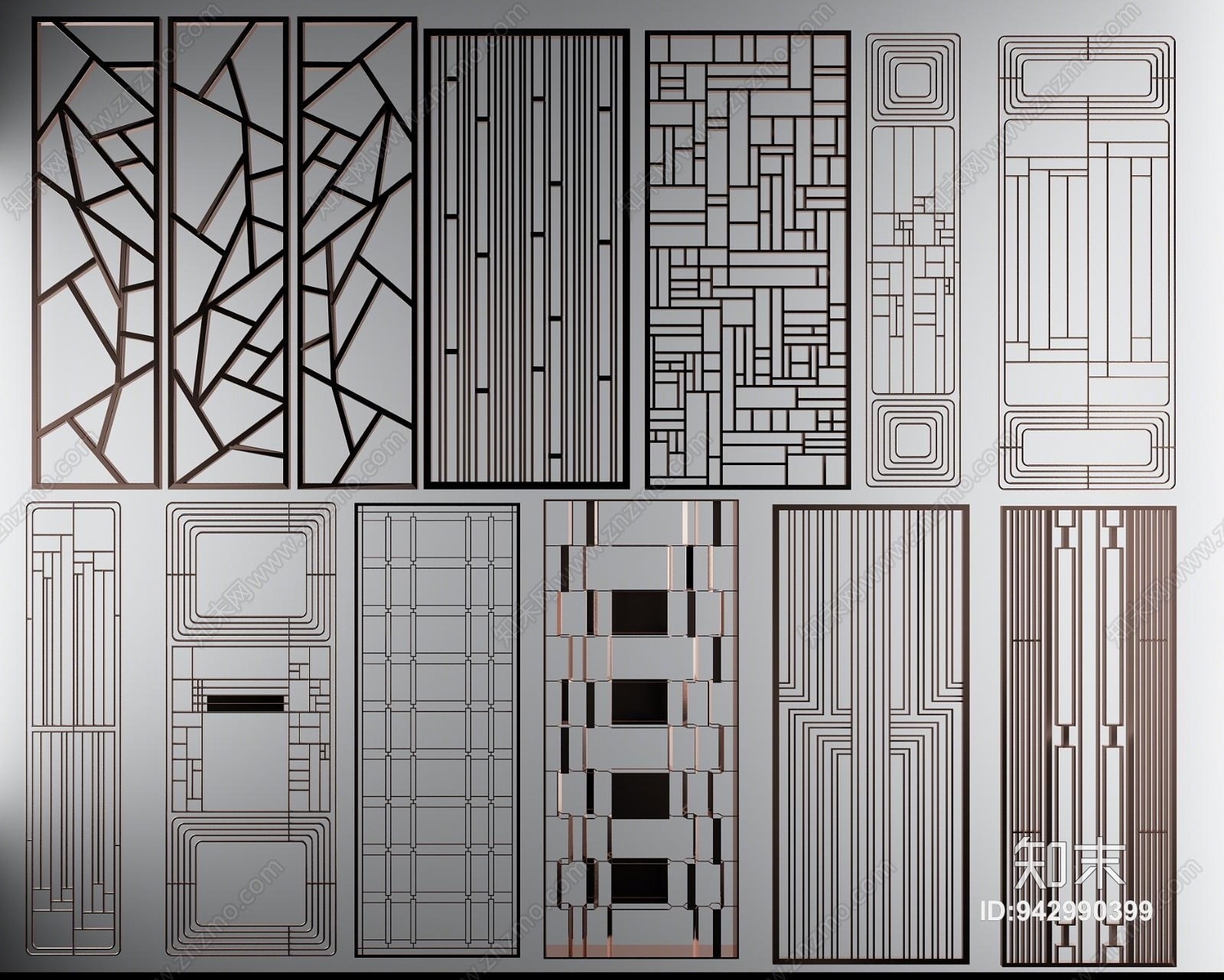 现代隔断屏风格栅雕刻板3D模型下载【ID:942990399】