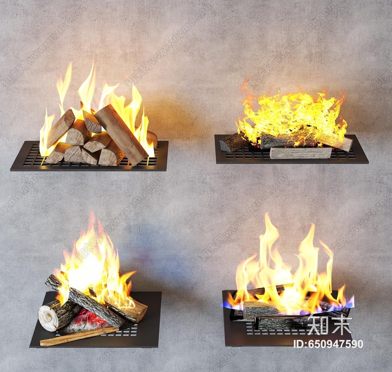 现代壁炉木材炭火火堆火焰组合3D模型下载【ID:650947590】
