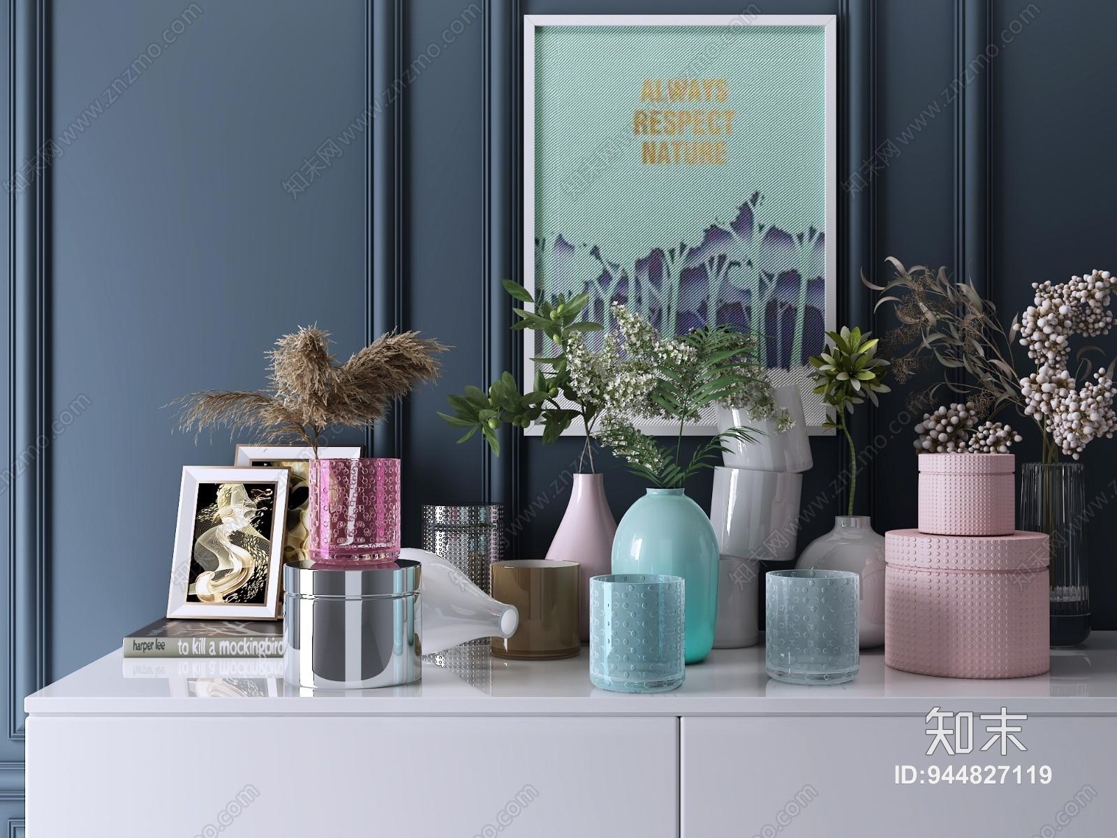 现代装饰品摆件绿植挂画玻璃饰品置物盒相框3D模型下载【ID:944827119】