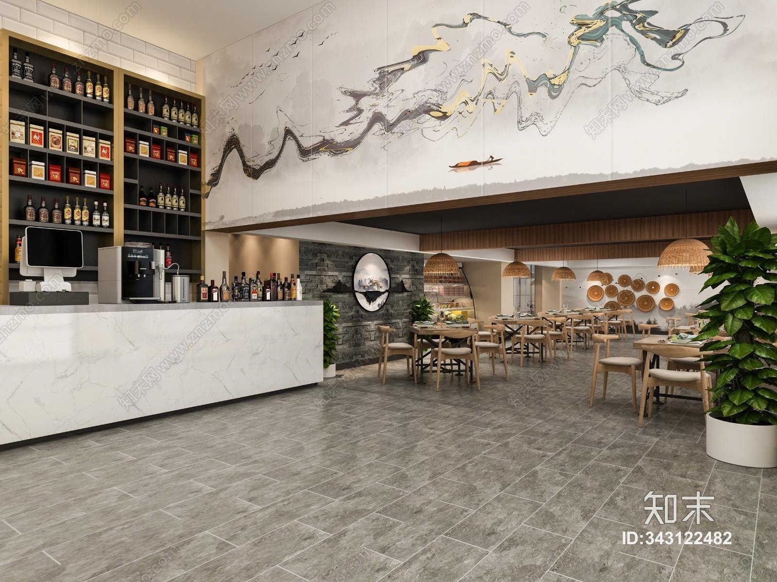 中式餐厅前台大厅3D模型下载【ID:343122482】