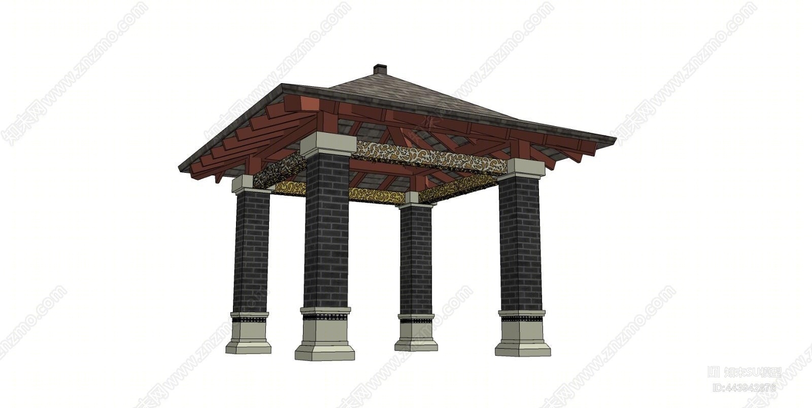 中式防腐木景观亭SU模型下载【ID:443942876】