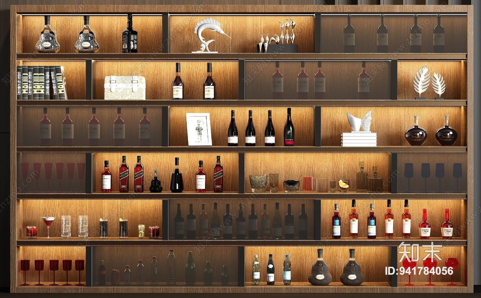 现代实木酒柜酒水饰品组合3D模型下载【ID:941784056】