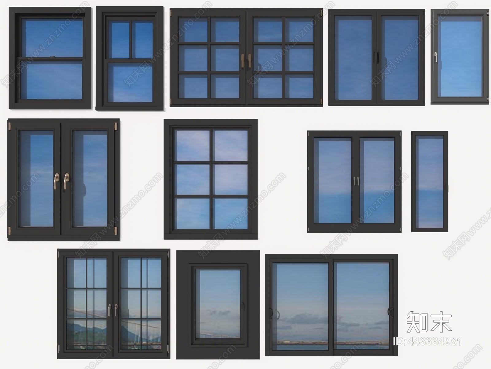 现代金属铝合金门窗3D模型下载【ID:443334981】