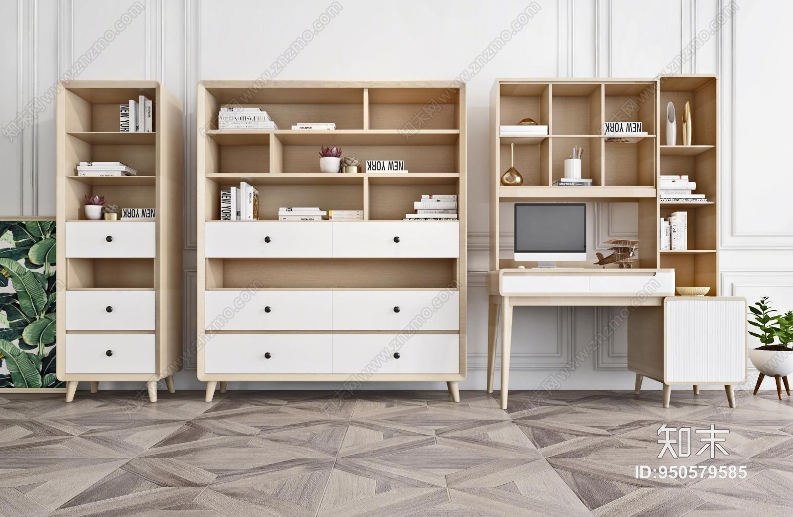 北欧书桌书柜装饰柜组合3D模型下载【ID:950579585】